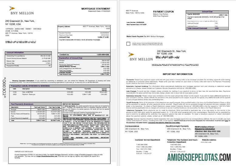 Extrato de hipoteca do Banco dos EUA de Nova York Mellon Bank em formatos Word e PDF 1 2 modelo